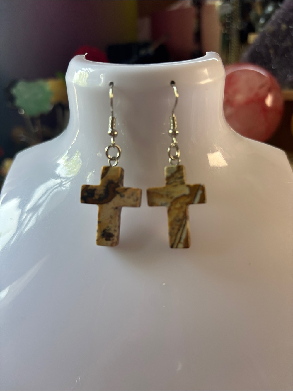 Picture Jasper Natural Stone Cross Dangle Earrings - Beige Brown